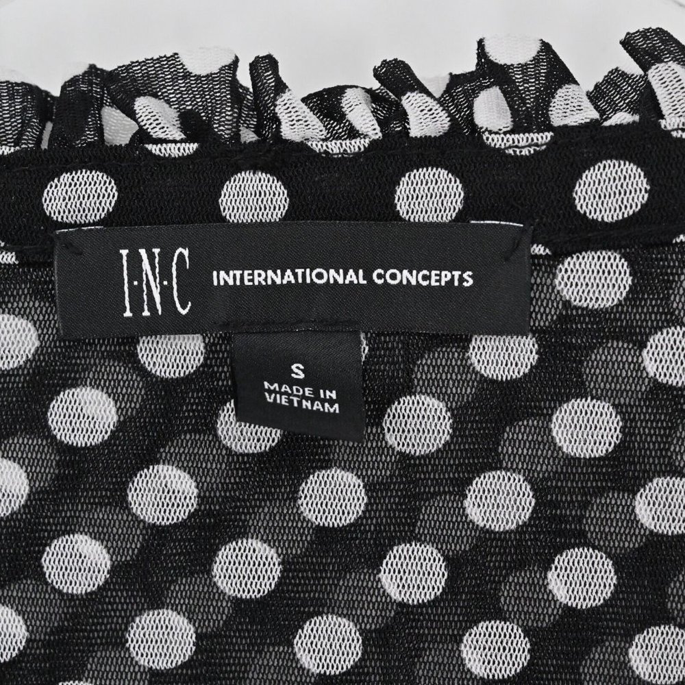 NEW INC Womens Polka Dot Mesh Ruffle V-Neck Top Black White Stretch Size Small - Picture 7 of 8
